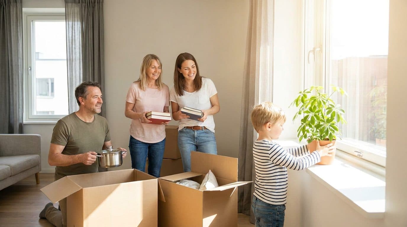 Family unpacking boxes in a bright new rental