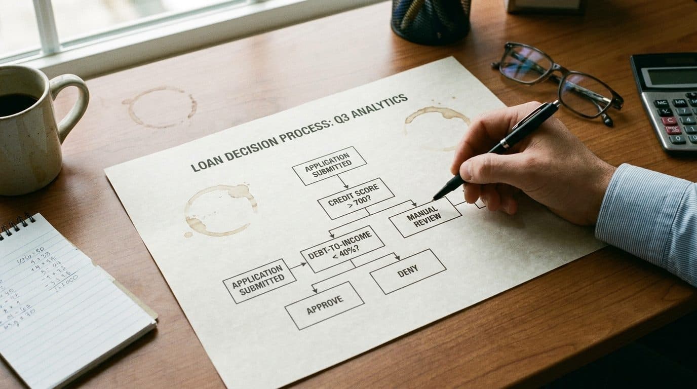 Flowchart of a loan decision process on a desk