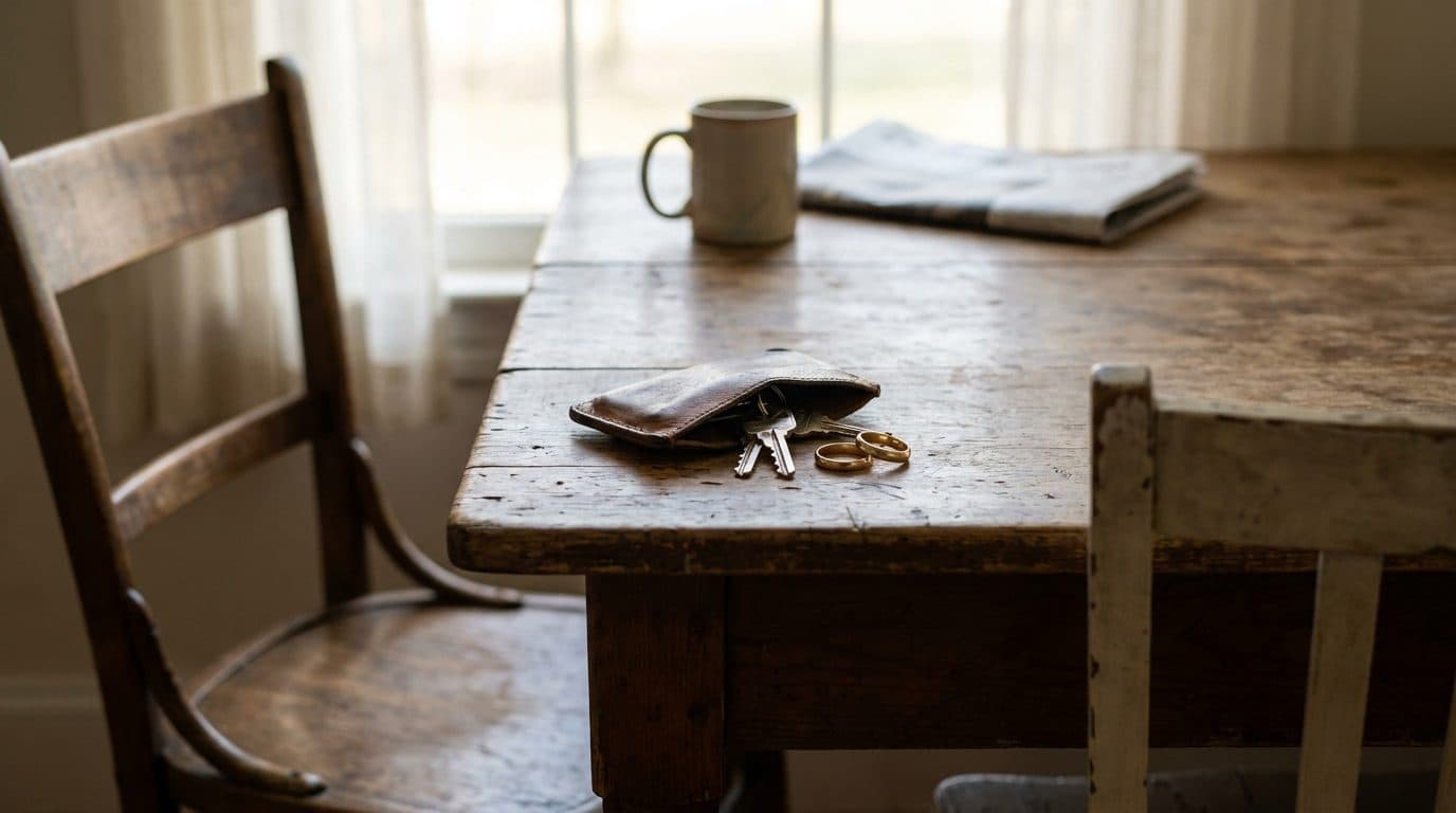 House keys and wedding rings on a table between two chairs