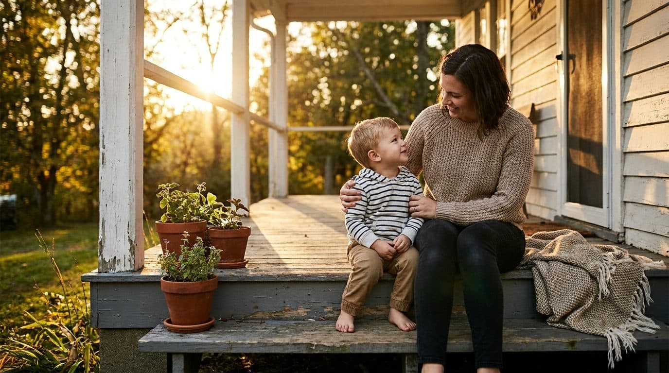 Parent talking with a child on the front steps of a house