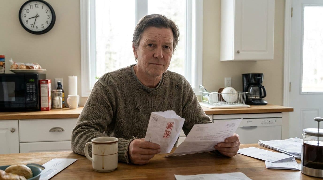 Worried homeowner looking at a past-due notice at the kitchen counter