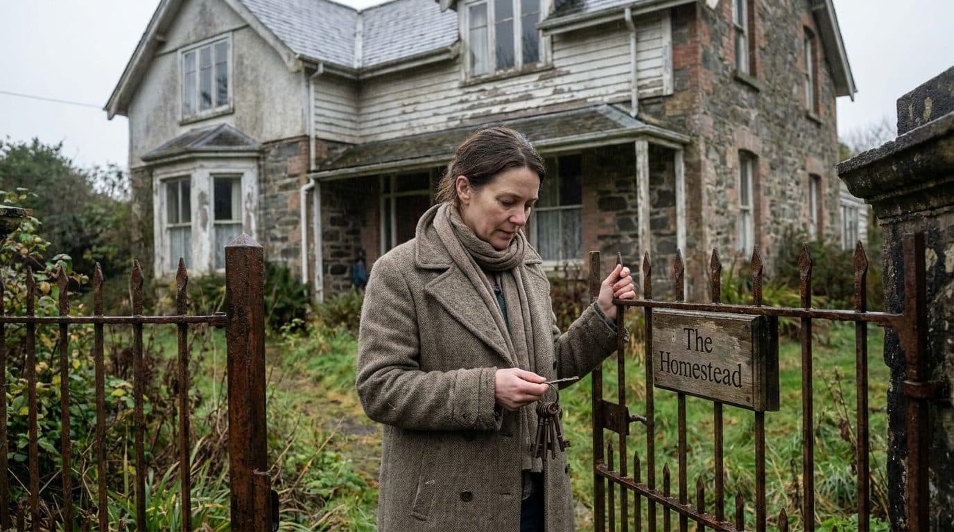 Adult holding keys in front of an older family home