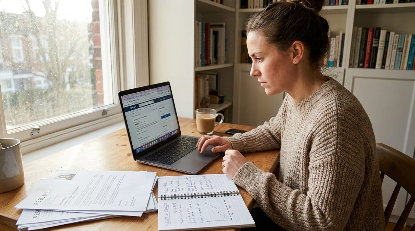 Person organizing a budget and résumé at a home desk