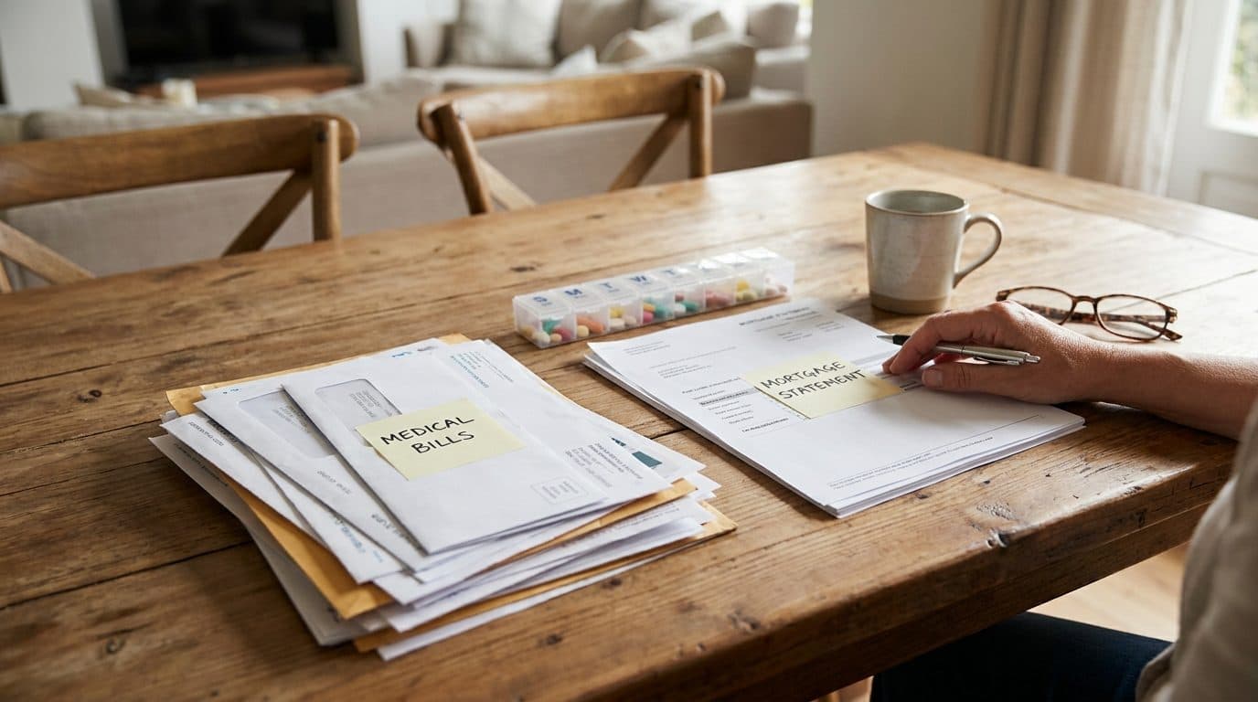 Medical bills and a mortgage statement sorted into piles