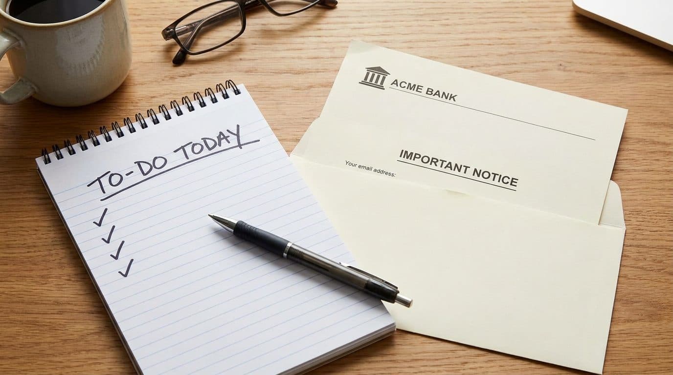 Checklist notepad next to a formal foreclosure notice