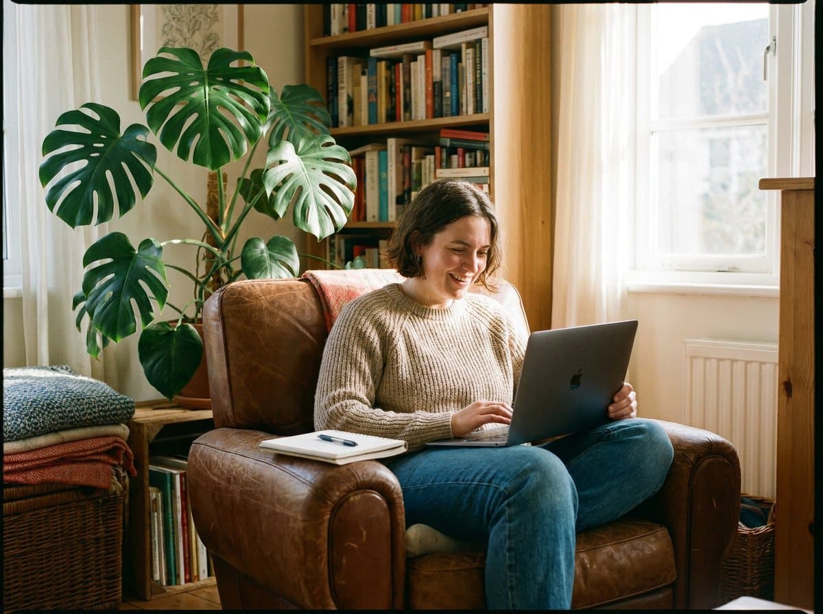 A person reading foreclosure-prevention articles on a laptop in a bright living room