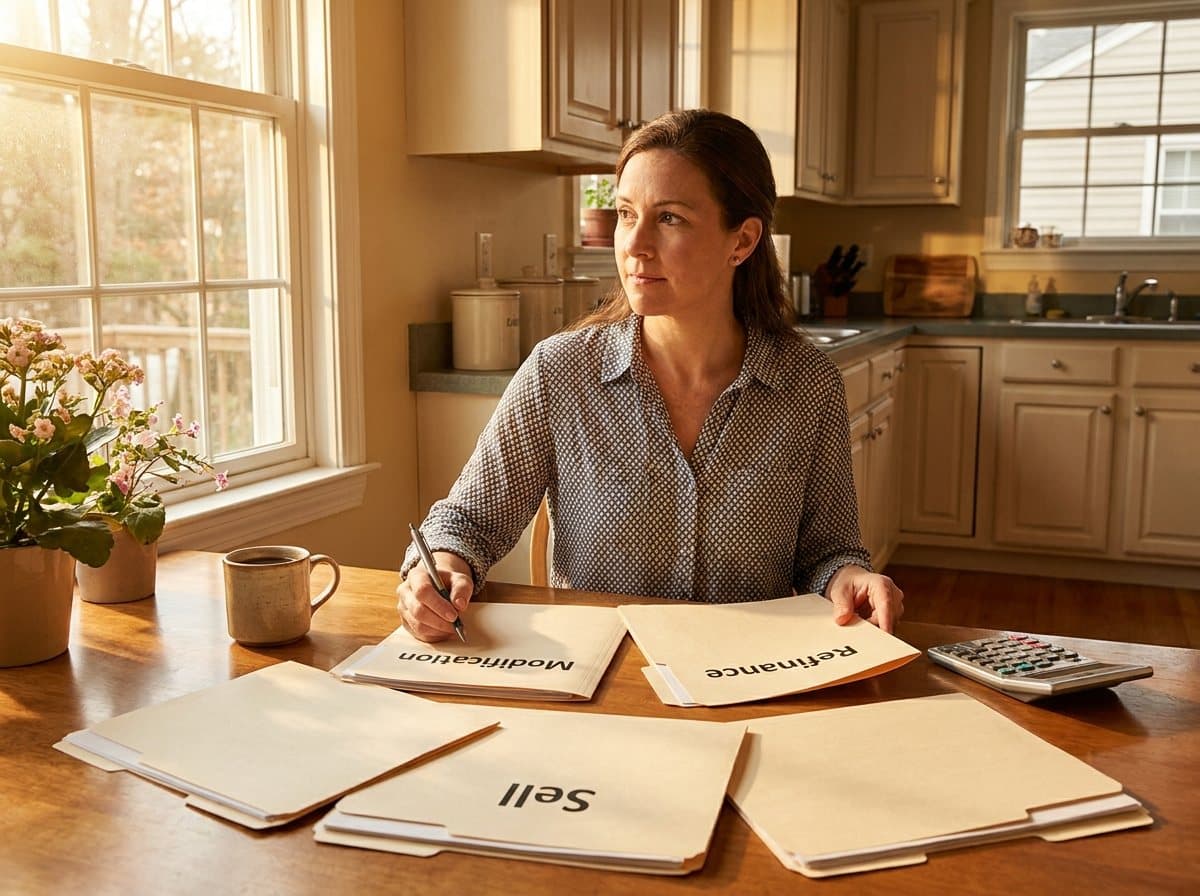 A homeowner comparing labeled folders for each foreclosure alternative at a sunny kitchen table