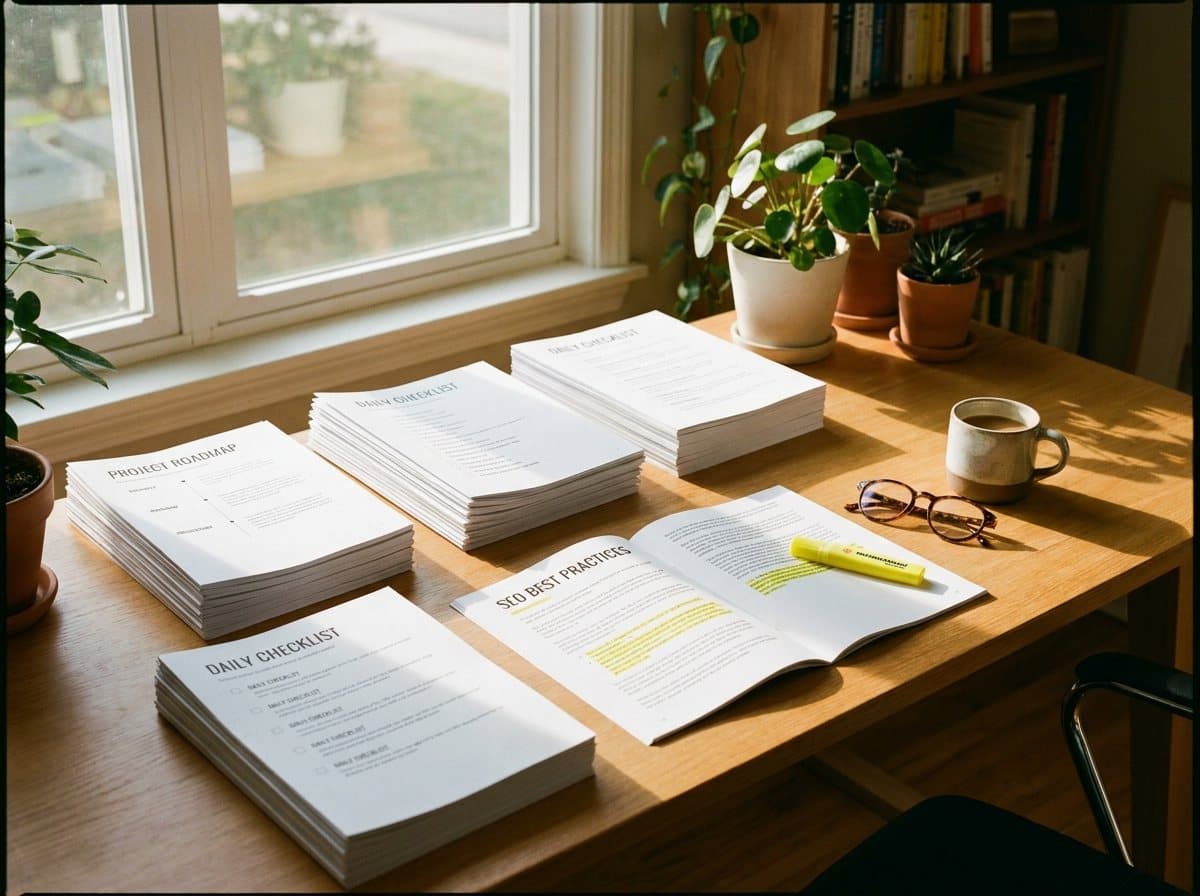 A tidy desk with printed foreclosure guides, a highlighter, and reading glasses in warm daylight