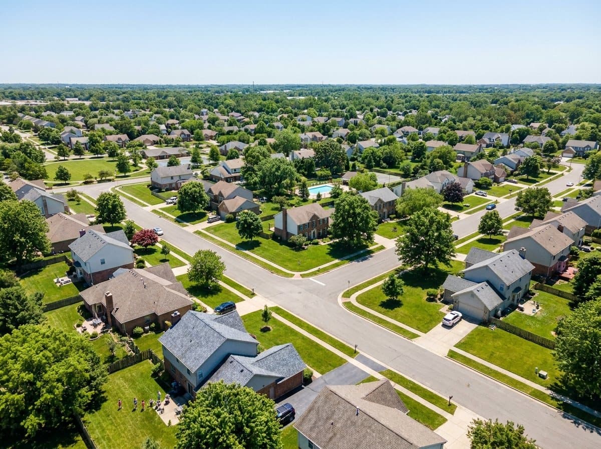 Aerial view of a sunny American suburban neighborhood with varied rooftops and tree-lined streets