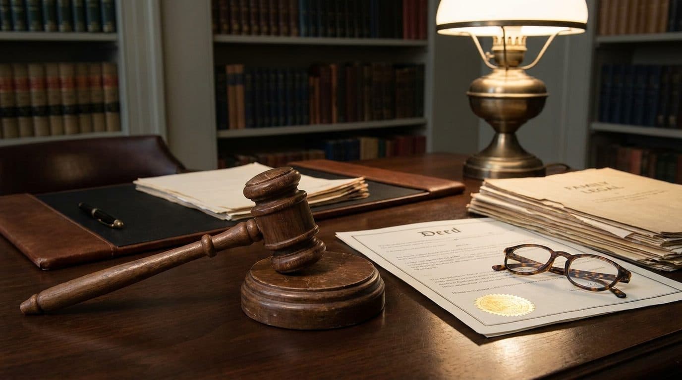 Gavel and family home documents on a desk