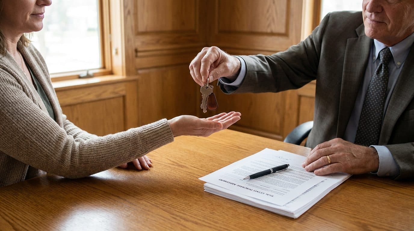 Homeowner handing house keys across a table