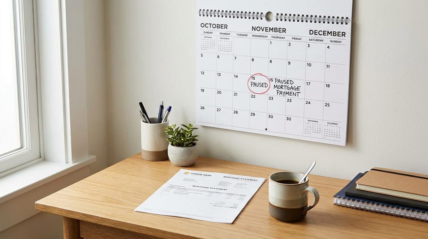 Calendar and mortgage statement showing a paused payment plan