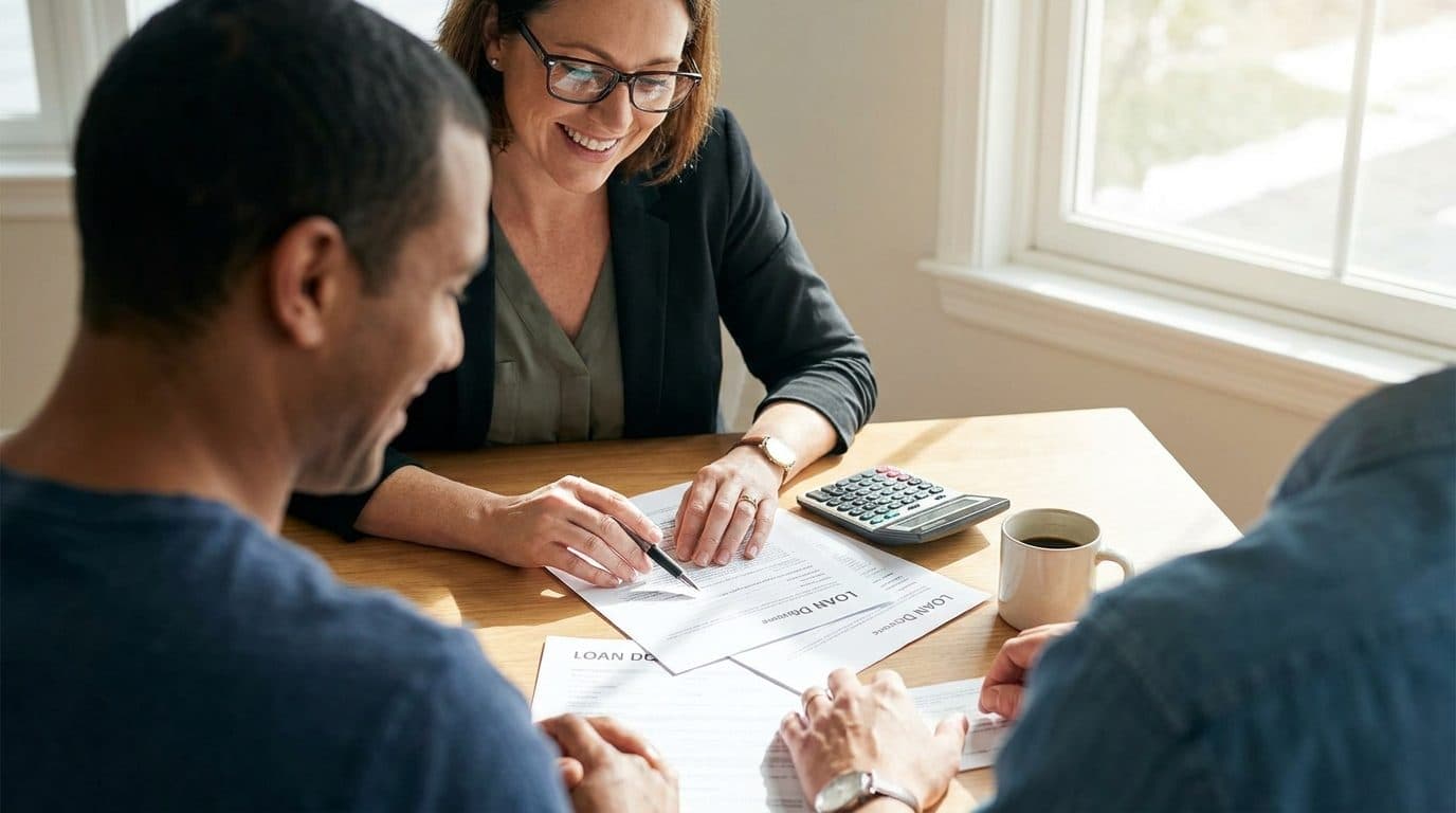 Homeowner reviewing new mortgage terms paperwork with a specialist