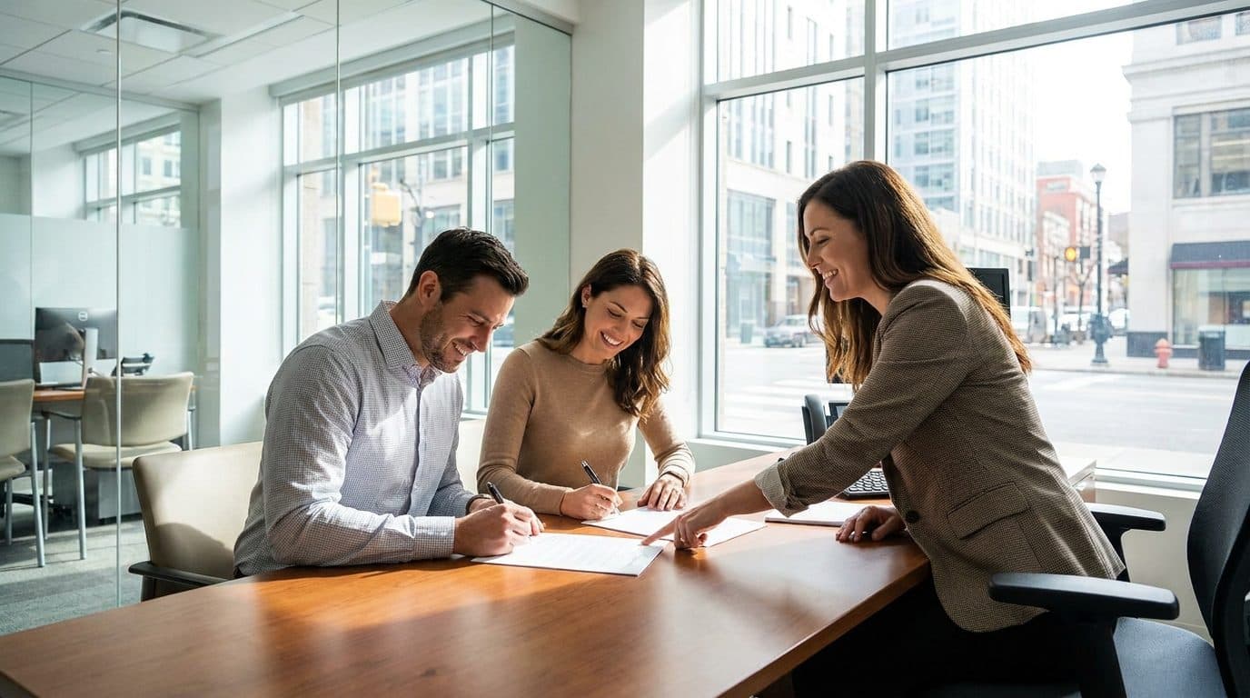 Homeowner signing new loan documents at a bank office