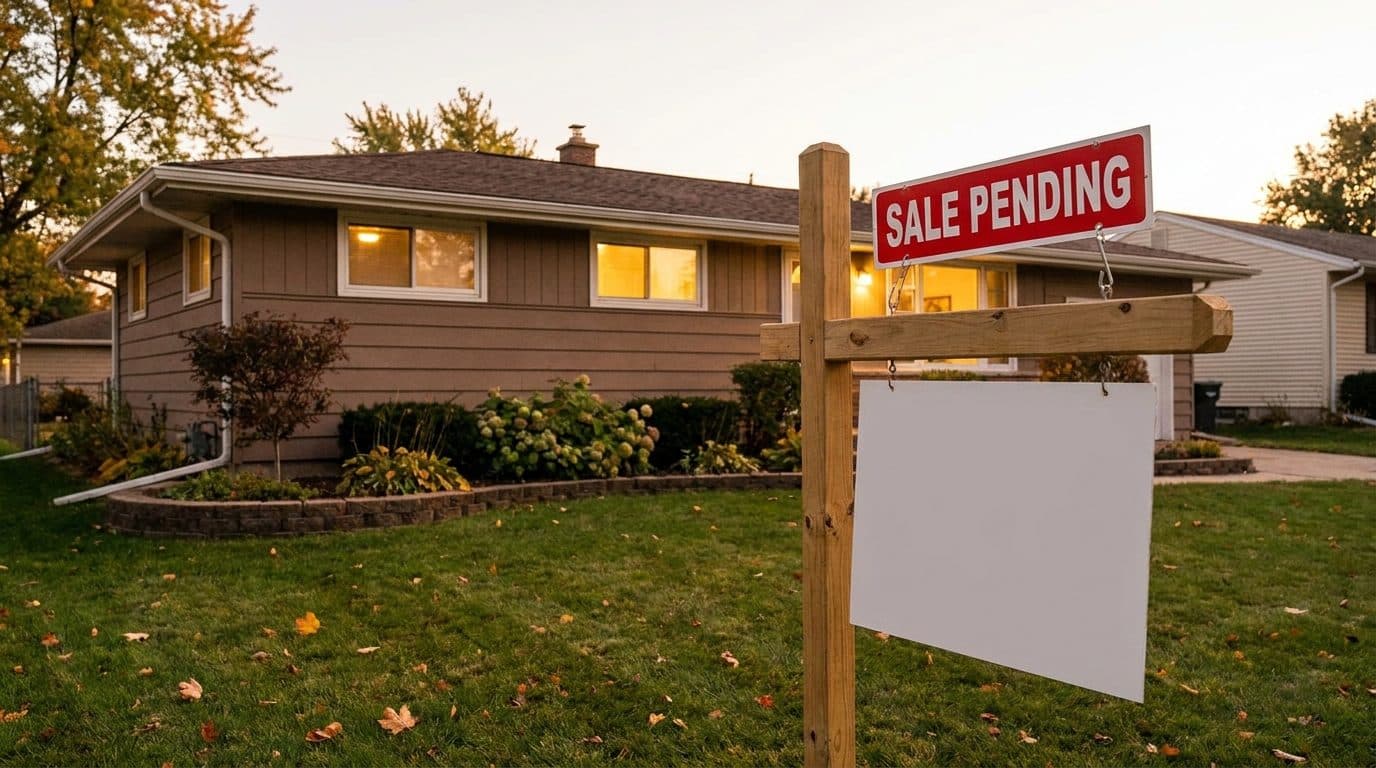 Sale pending sign in front of a modest suburban home