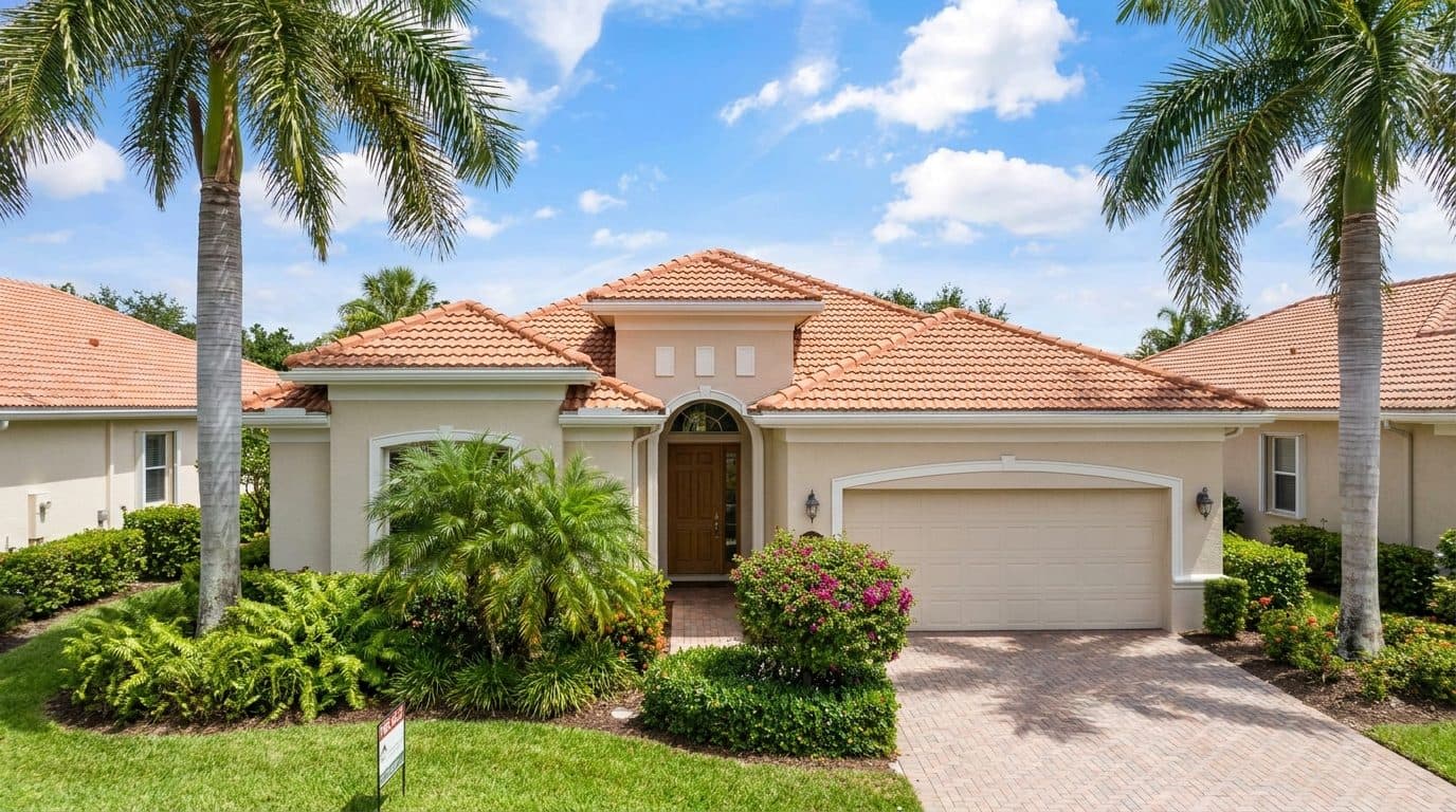 Florida stucco home with barrel tile roof and palms