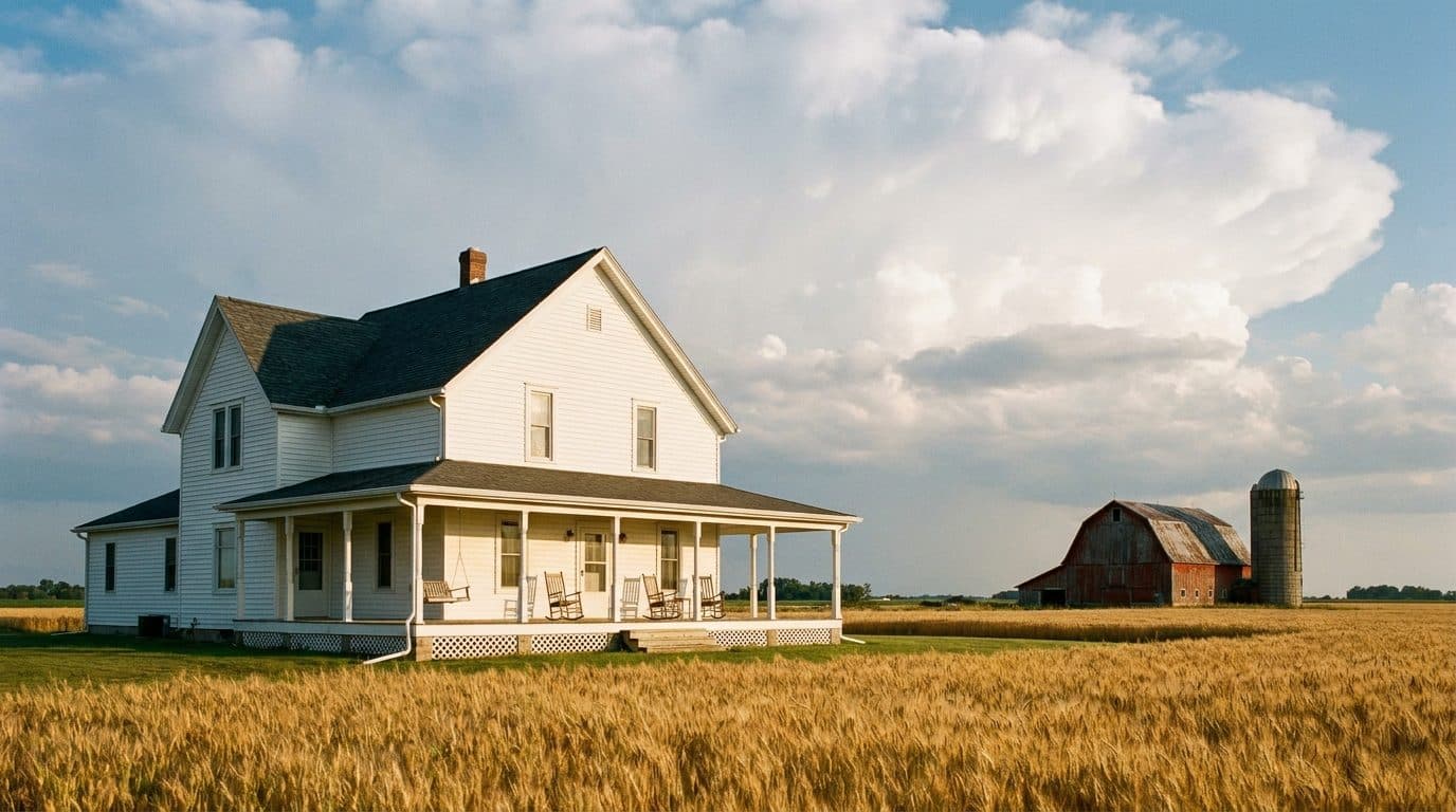 Midwest farmhouse with a wraparound porch
