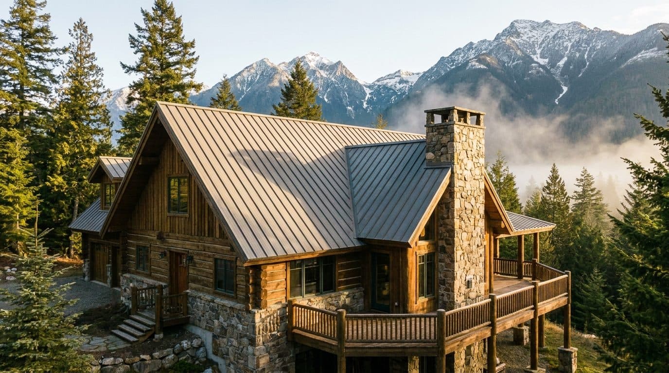Mountain timber and stone home among pines