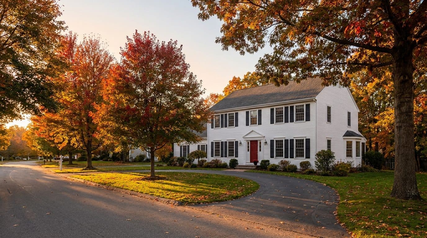 Classic New England colonial home with white clapboard siding