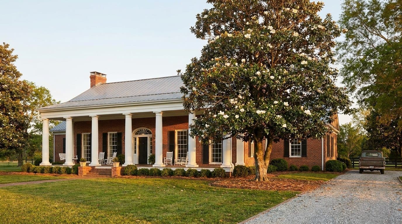 Southern brick home with a wide front porch