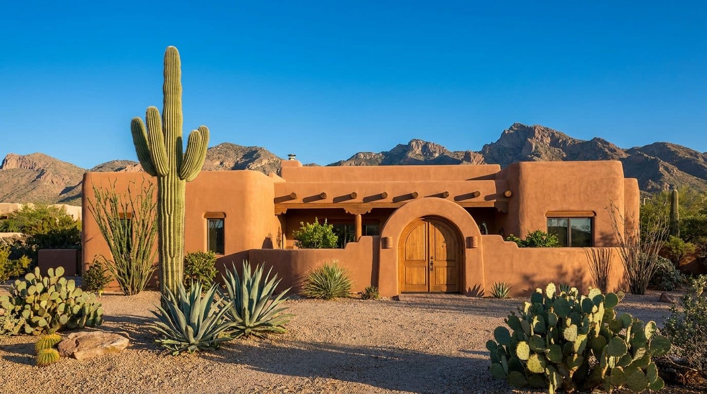 Southwest adobe-style home with desert landscaping