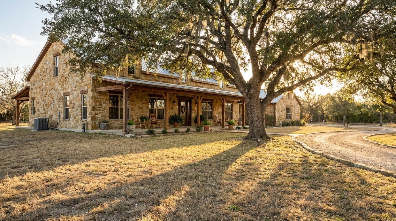 Texas limestone ranch home under a live oak