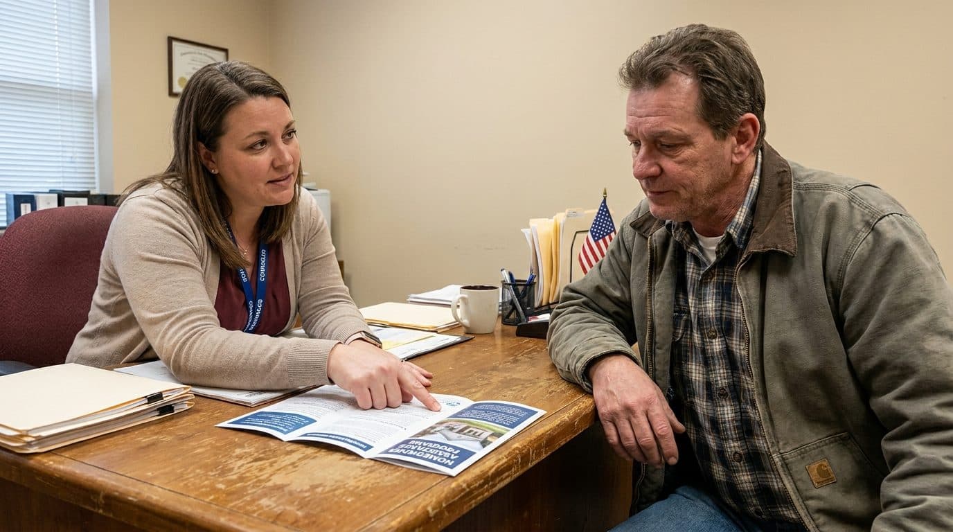 Counselor explaining assistance program paperwork to a couple