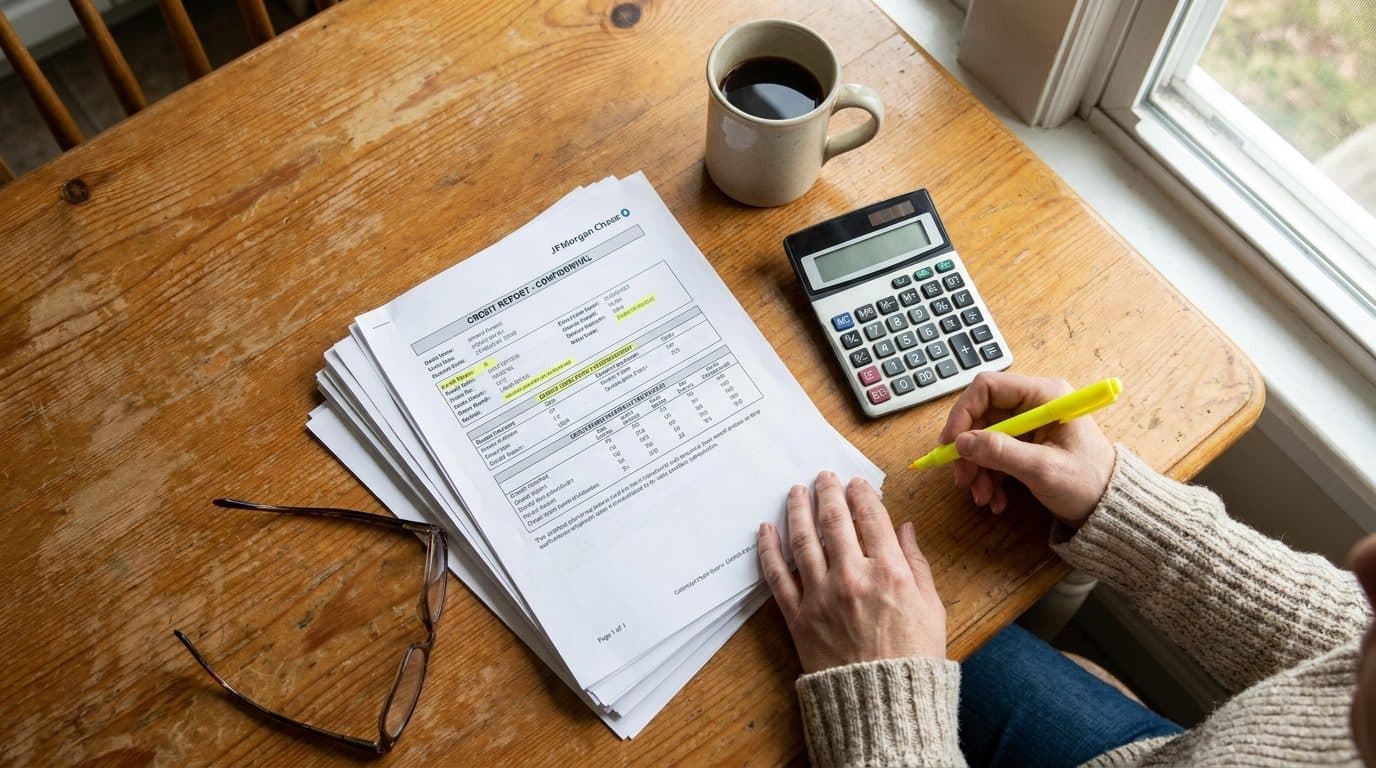 Credit report and calculator on a kitchen table