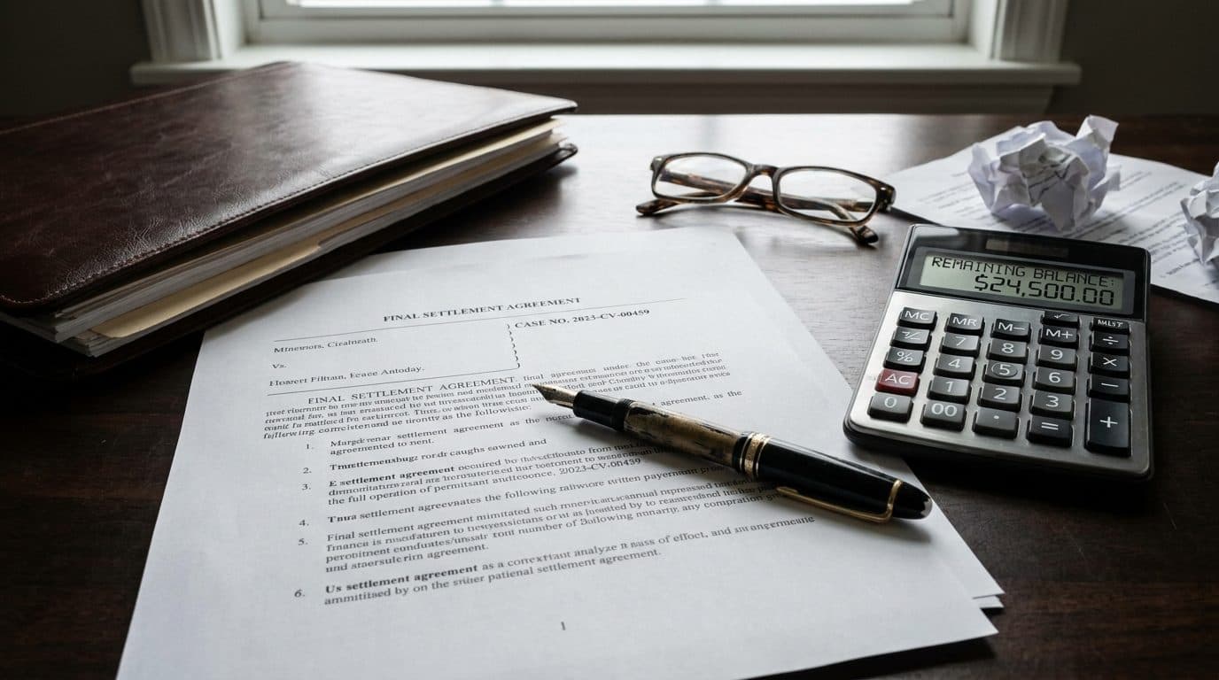 Legal documents and calculator showing a remaining balance