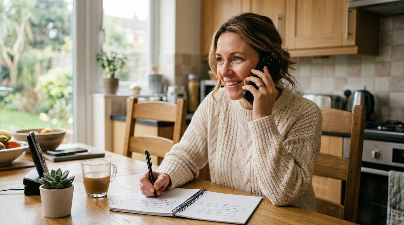 Homeowner on the phone taking notes at a kitchen table