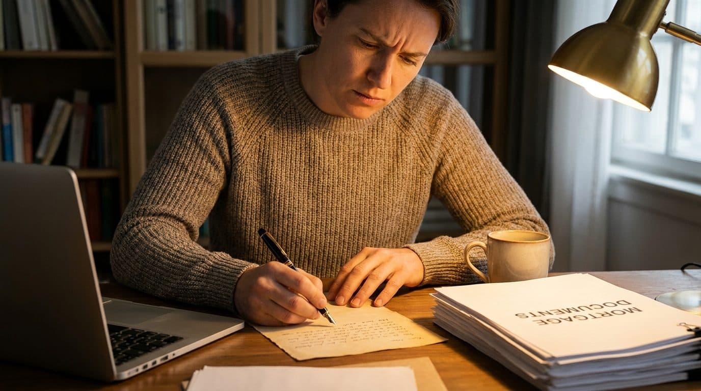 Person writing a letter beside a laptop and mortgage documents