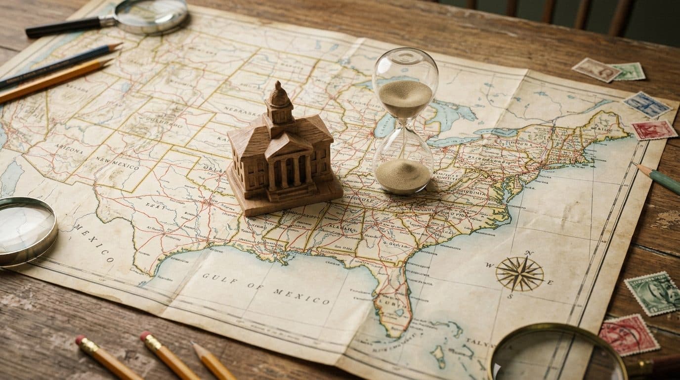 United States map with courthouse and clock icons