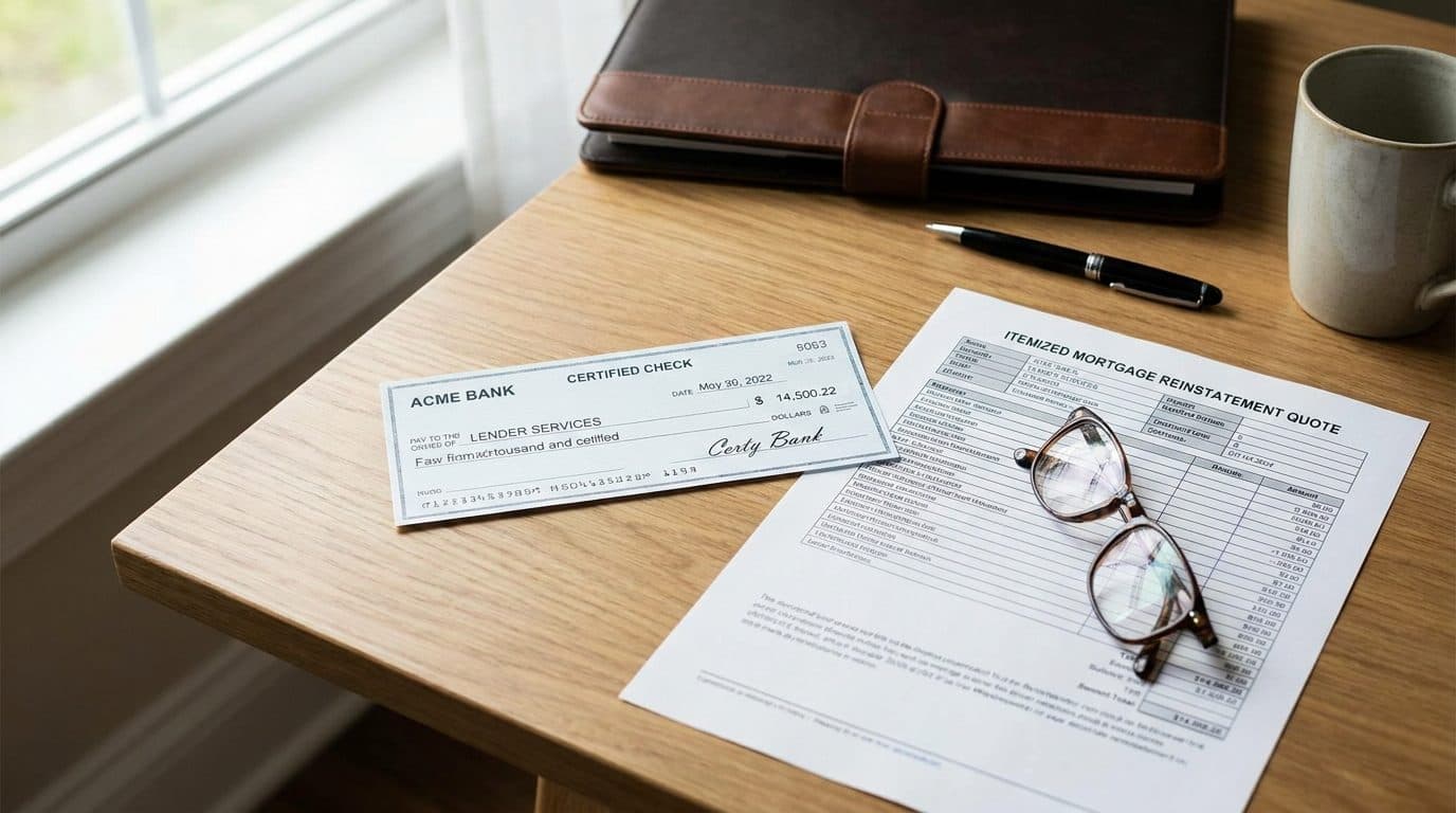 Certified check and reinstatement quote on a desk