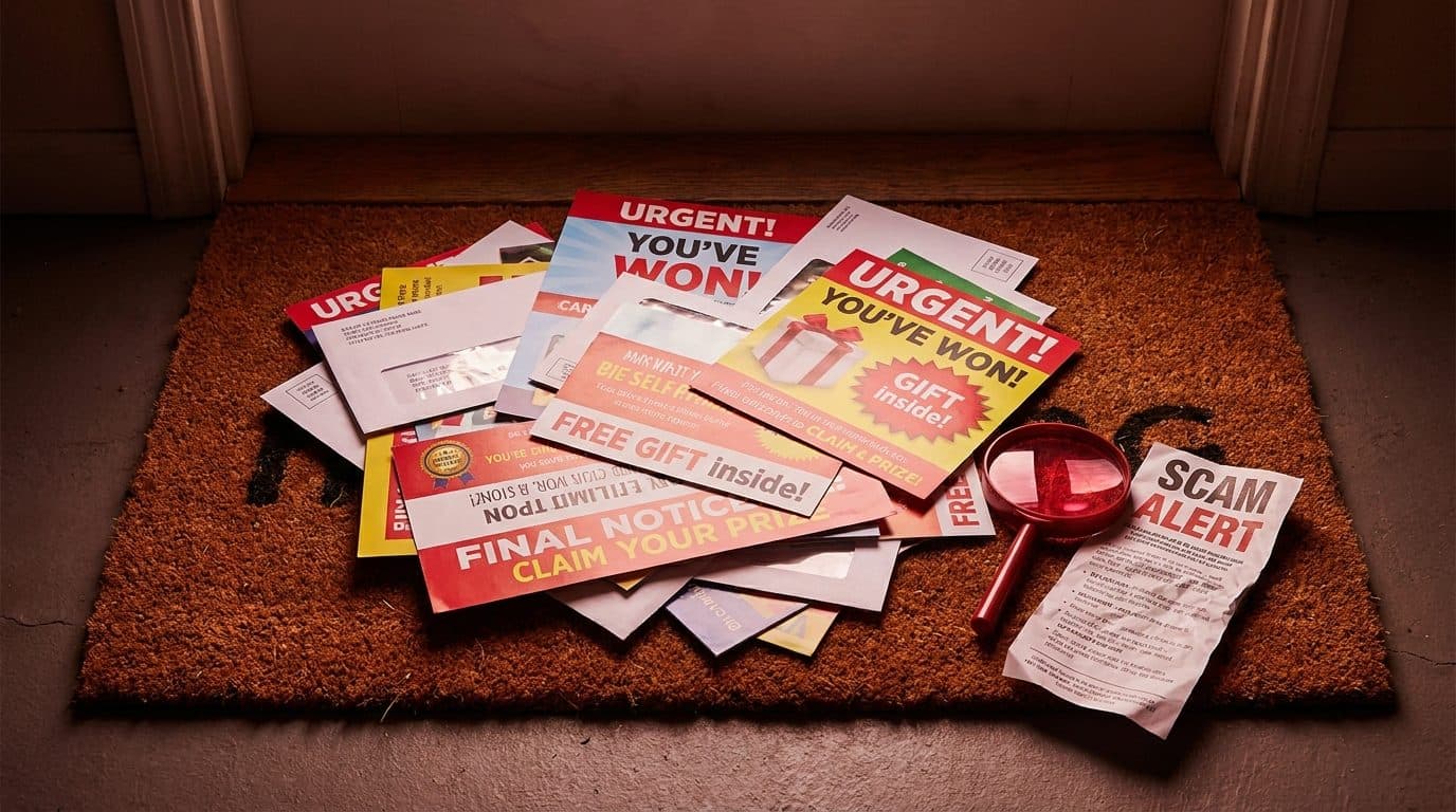 Warning sign over a pile of official-looking mail