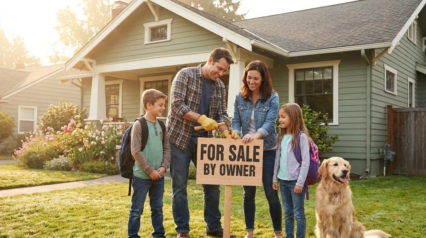 Real estate agent placing a sold sticker on a yard sign