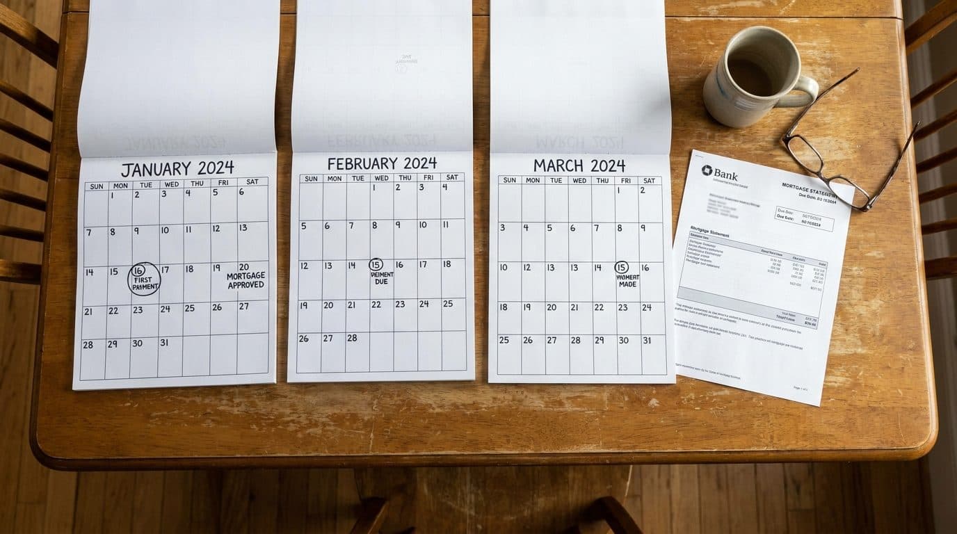 Calendar pages and a mortgage statement laid out on a table
