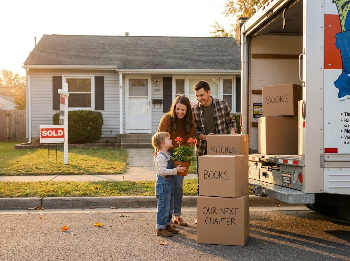 A homeowner carrying a moving box, moving forward after a cash sale