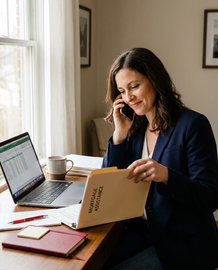 A foreclosure-prevention specialist on the phone with a lender, reviewing a mortgage assistance file